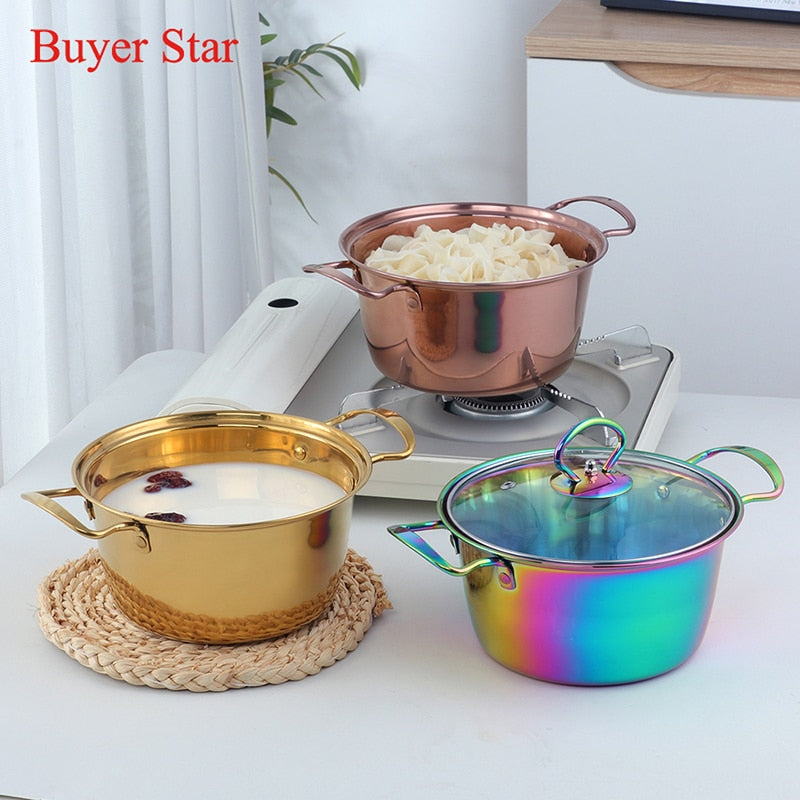 18cm Gold Soup Pot Stainless steel Cooking pots With Lid Metal Hot pot Kitchen Tools Household Cookware For Induction Cooker Gas