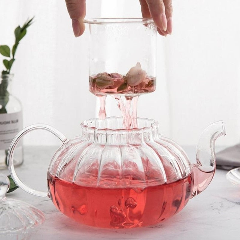 600ml Pumpkin Pattern Heat-resistant Glass Teapot With Strainer Filter Teapot Can be Heated Water Tea Pot Drinkware