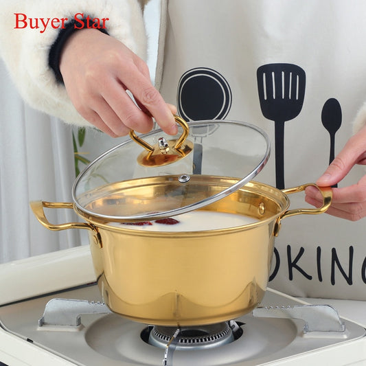 18cm Gold Soup Pot Stainless steel Cooking pots With Lid Metal Hot pot Kitchen Tools Household Cookware For Induction Cooker Gas